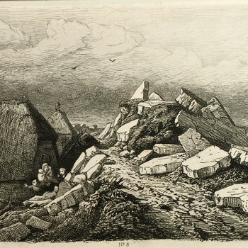 Gezicht op dijkdoorbraak Dreumelsedijk, 7 maart 1855. Ets, H.A. v. Tricht.