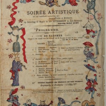 affiche prorgramma Soirée Artistique in het Nutsgebouw, Zaltbommel. Litho in kleur, Drukkerij H.J. v.d. Garde & Co.