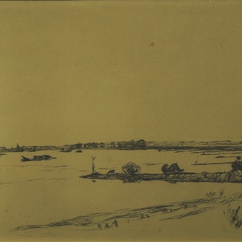 riviergezicht met uiterwaarden en kribben. Ets, A, Derkzen van Angeren, 1923.