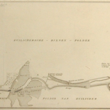 Kaartje van Zuilichem met dijkdoorbraak 1809. Figuratief. Gravure.
