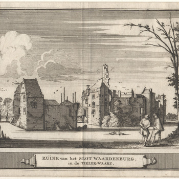 Gezicht op ruïne van slot Waardenburg bestaande uit twee delen met slotgracht. Gravure, Signering JSF. Geschept papier.