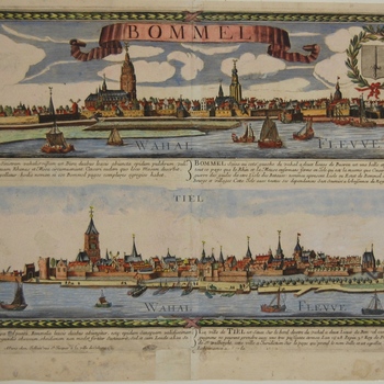 tweeluik van de steden  Zaltbommel en Tiel gelegen aan de Waal met opschriften in het Latijn en Frans. Jollain, Paris, 1672.