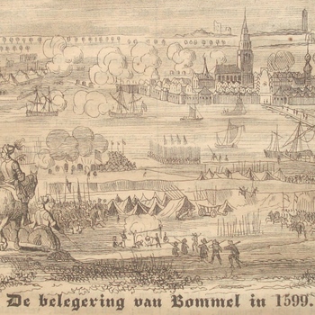 beleg Zaltbommel in 1599, bekeken o.a. door Prins Maurits te paard. Gravure 1842.