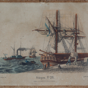 schoolplaat, schepen. Kleurenplaat van het lossen van een houten tweemaster. Op de rivier een raderboot, zeilschepen en roeiboot. No 28 Schepen. Periode 1857-1900.