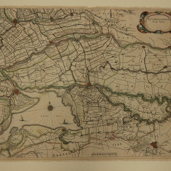 Kaart van gedeelte van  Zuid-Holland. Topografische aanduidingen. Gravure, gekleurd, G. Blaeu.