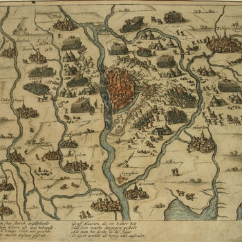 Kaart Rivierengebied met Staatse troepen en Spaans leger tijdens beleg van Zaltbommel. Duitse teksten. Gravure, gekleurd. Periode 1600-1625.