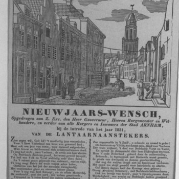 Prent met Nieuwjaarswens Lantaarnopstekers te Arnhem. Gezicht op Arnhemsestraat met Eusebiuskerk. Lantaarnopstekers doen hun werk. Daaronder dubbel vers. Houtgravure, boekdruk, 1831, C.A. Thieme.