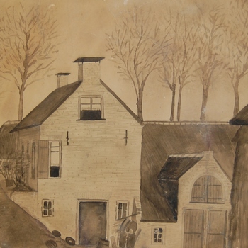 Gezicht op boerderij De Panoven, Zaltbommel. Aquarel in grijs, G.P.Lagema, 1913.