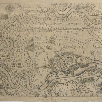 Gezicht op troepenconcentraties tussen Maas en Waal tijdens beleg Zaltbommel in 1599. Gravure.