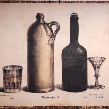 schoolplaat, plantenrijk. Kleurenplaat kruik met twee glazen en fles met bier. No 16 Bier Wijn. Periode 1857-1900