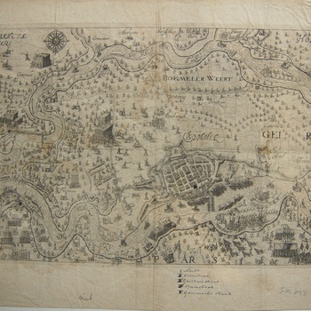 Topografische aanduidingen met troepenbewegingen in de Bommelerwaard  tijdens beleg Zaltbommel in 1599. Gravure, 1650-1651.