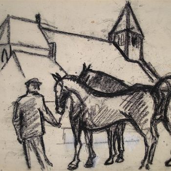 Tekening in zwart krijt, man met paarden, Jan van Anrooy  1950