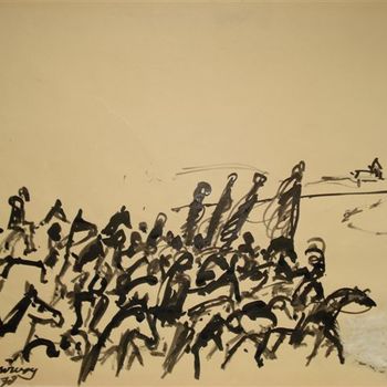aquarel, groep met ruiters te paard, Jan van Anrooy 1978