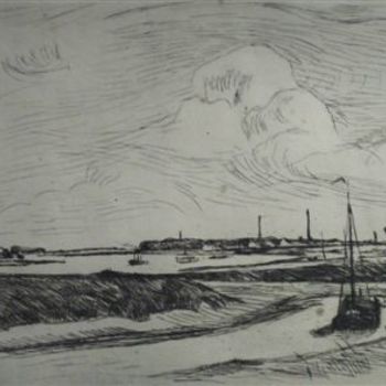 riviergezicht met uiterwaard, haven, dijk, zeilschepen en steenfabriek. Ets, A. Derkzen van Angeren, 1923.