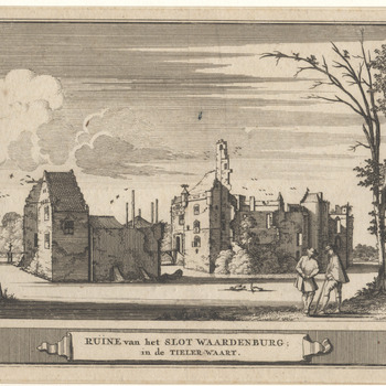 Gezicht op ruïne van slot Waardenburg bestaande uit twee delen met slotgracht. Gravure, J.S.F. Herkomst uit Smits Schatkamer.