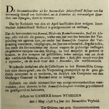 Publicatie: maning betaling verponding door Gecommitteerden. Boekdruk: Is. van Campen, 1798.