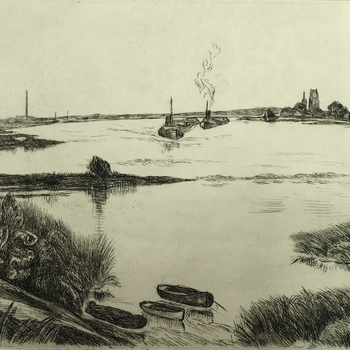 Waalgezicht bij  Zaltbommel met strekdammen, uiterwaarden, boten en steenfabrieken. Ets, A. Derkzen van Angeren, periode 1936-1959.