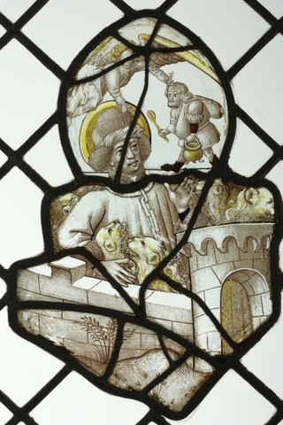 Daniël in de leeuwenkuil, met voorstelling van Habacuc en engel