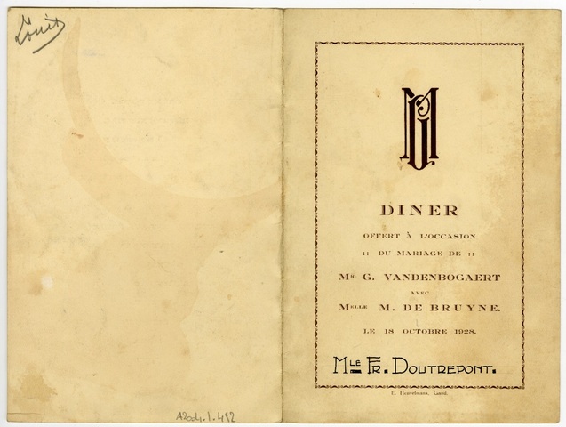 Diner offert à l'occasion du mariage de Mr. G. Vandenbogaert avec Melle M. De Bruyne. Le 18 Octobre 1928.