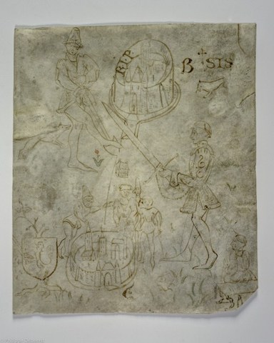 Symbolische voorstelling van het conflict tussen Brugge en Gent over het graven van een verbindingskanaal tussen de Brugse Zuidleie en de Leie te Deinze in 1379