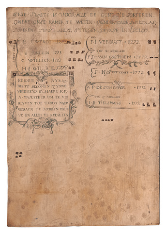 Insculpatieplaat van het Gentse edelsmeedambacht bestemd voor subalterne meesters 1772 - 1778
