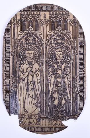 Grafplaat van twee geestelijken herbruikt als stichtingsplaat voor Laurens Van dan Haute (+1604)