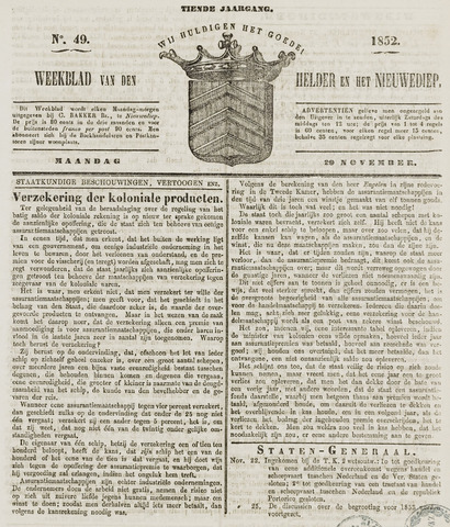 Weekblad van Den Helder en het Nieuwediep 1852-11-29
