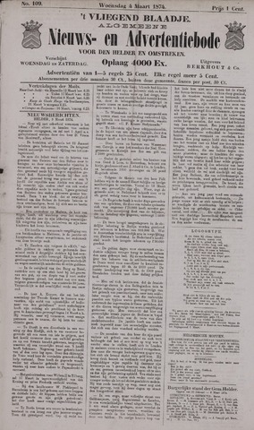 Vliegend blaadje : nieuws- en advertentiebode voor Den Helder 1874-03-04