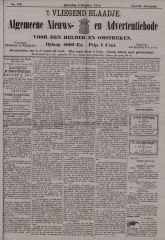 Vliegend blaadje : nieuws- en advertentiebode voor Den Helder 1874-10-03