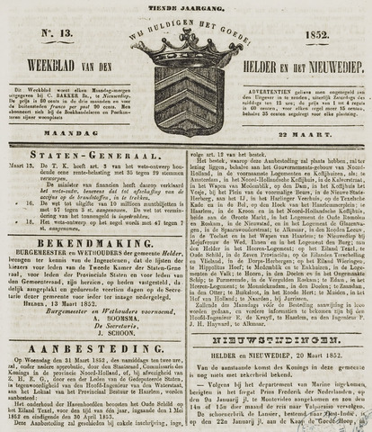 Weekblad van Den Helder en het Nieuwediep 1852-03-22