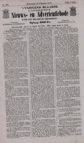 Vliegend blaadje : nieuws- en advertentiebode voor Den Helder 1874-02-18