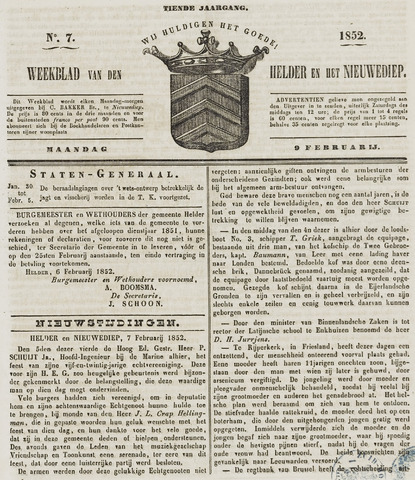 Weekblad van Den Helder en het Nieuwediep 1852-02-09