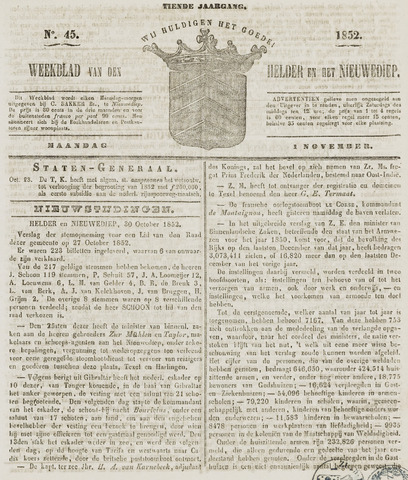 Weekblad van Den Helder en het Nieuwediep 1852-11-01