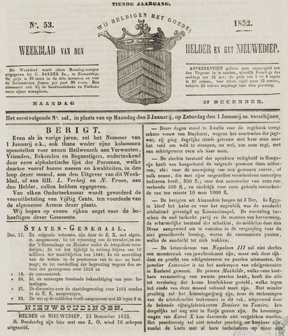 Weekblad van Den Helder en het Nieuwediep 1852-12-27