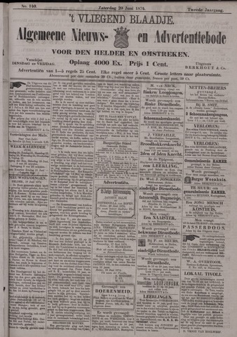Vliegend blaadje : nieuws- en advertentiebode voor Den Helder 1874-06-20