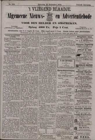 Vliegend blaadje : nieuws- en advertentiebode voor Den Helder 1874-11-21