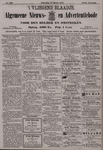 Vliegend blaadje : nieuws- en advertentiebode voor Den Helder 1875-03-27