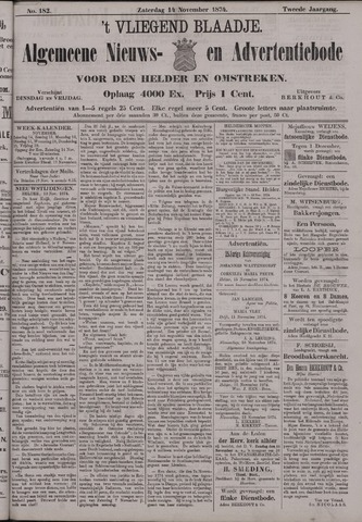Vliegend blaadje : nieuws- en advertentiebode voor Den Helder 1874-11-14