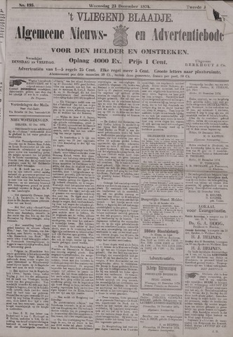 Vliegend blaadje : nieuws- en advertentiebode voor Den Helder 1874-12-23