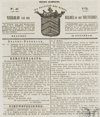 Weekblad van Den Helder en het Nieuwediep 1852-11-15