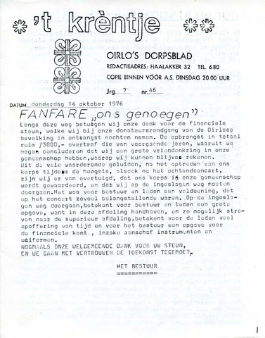 Oirlo's dorpsblad 't Krèntje 1976-10-14