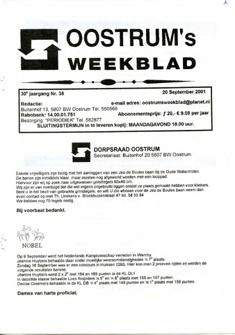 Oostrum's Weekblad 2001-09-20