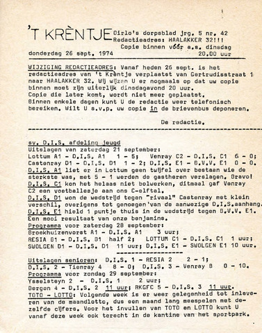 Oirlo's dorpsblad 't Krèntje 1974-09-26