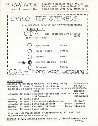 Oirlo's dorpsblad 't Krèntje 1974-03-21