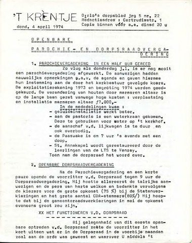 Oirlo's dorpsblad 't Krèntje 1974-04-04