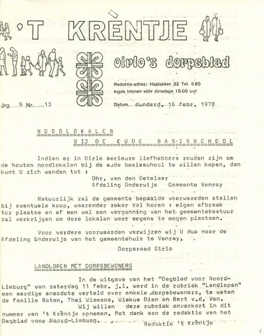 Oirlo's dorpsblad 't Krèntje 1978-02-16