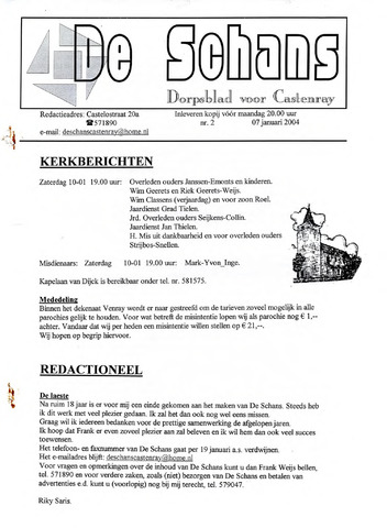 Castenrays dorpsblad De Schans 2004-01-07