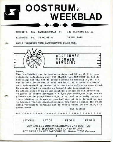 Oostrum's Weekblad 1985-05-23