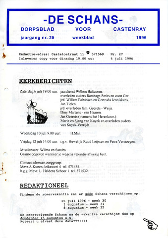 Castenrays dorpsblad De Schans 1996-07-04