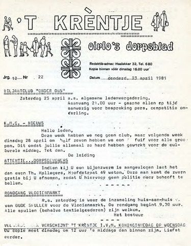 Oirlo's dorpsblad 't Krèntje 1981-04-23